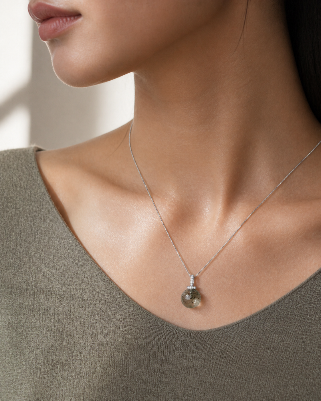 Green Rabbit Hair Quartz interchangeable pendant necklace, worn styling view