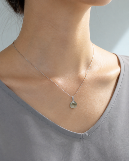 Green Rabbit Hair Quartz interchangeable pendant necklace, worn styling view