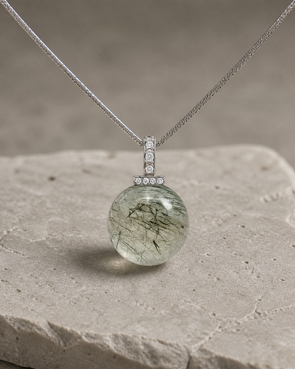 Green Rabbit Hair Quartz interchangeable pendant necklace, crystal still-life detail