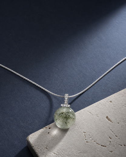 Green Rabbit Hair Quartz interchangeable pendant necklace, crystal still-life detail
