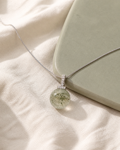 Green Rabbit Hair Quartz interchangeable pendant necklace, crystal still-life detail