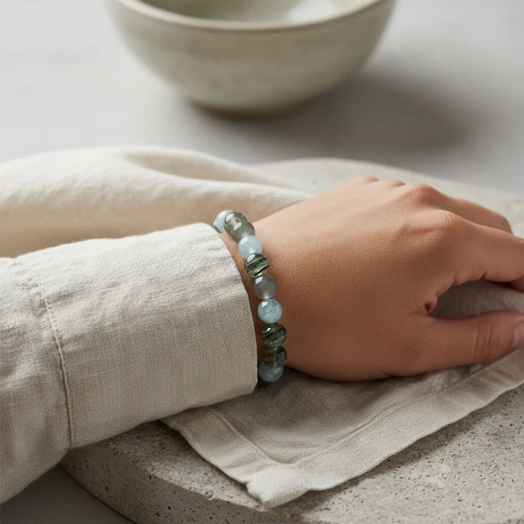 Enigmatic Midnight Navigator stack bracelet, combining deep blue and black crystals for protection and insight.
