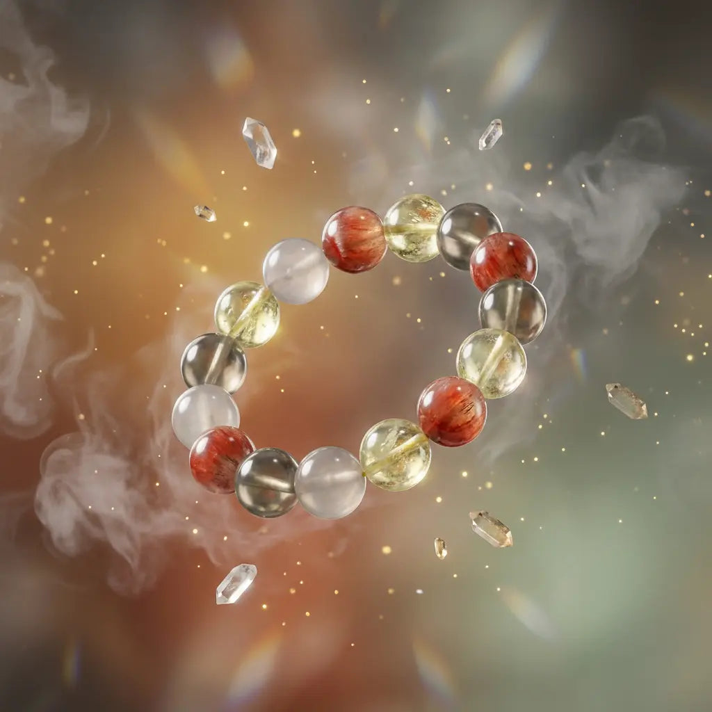 Close-up of vibrant Red Rutilated Quartz beads in The Phoenix Fire Stack Bracelet