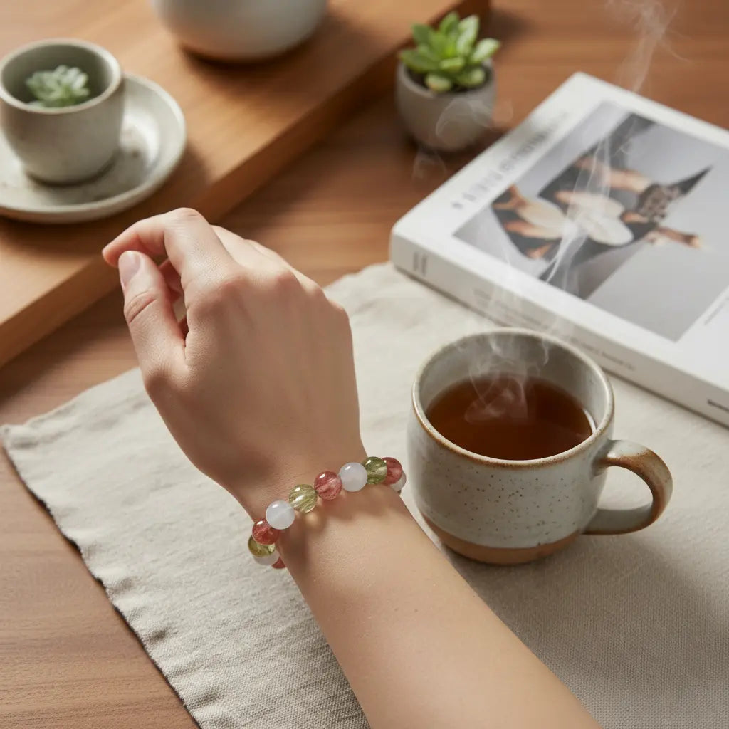 Close-up of Lemon Citrine and Star Rose Quartz beads in The Phoenix Fire Stack Bracelet