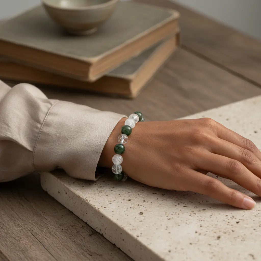 The Visionary Growth Stack Bracelet worn on a wrist, showcasing its elegant design and crystal beads.