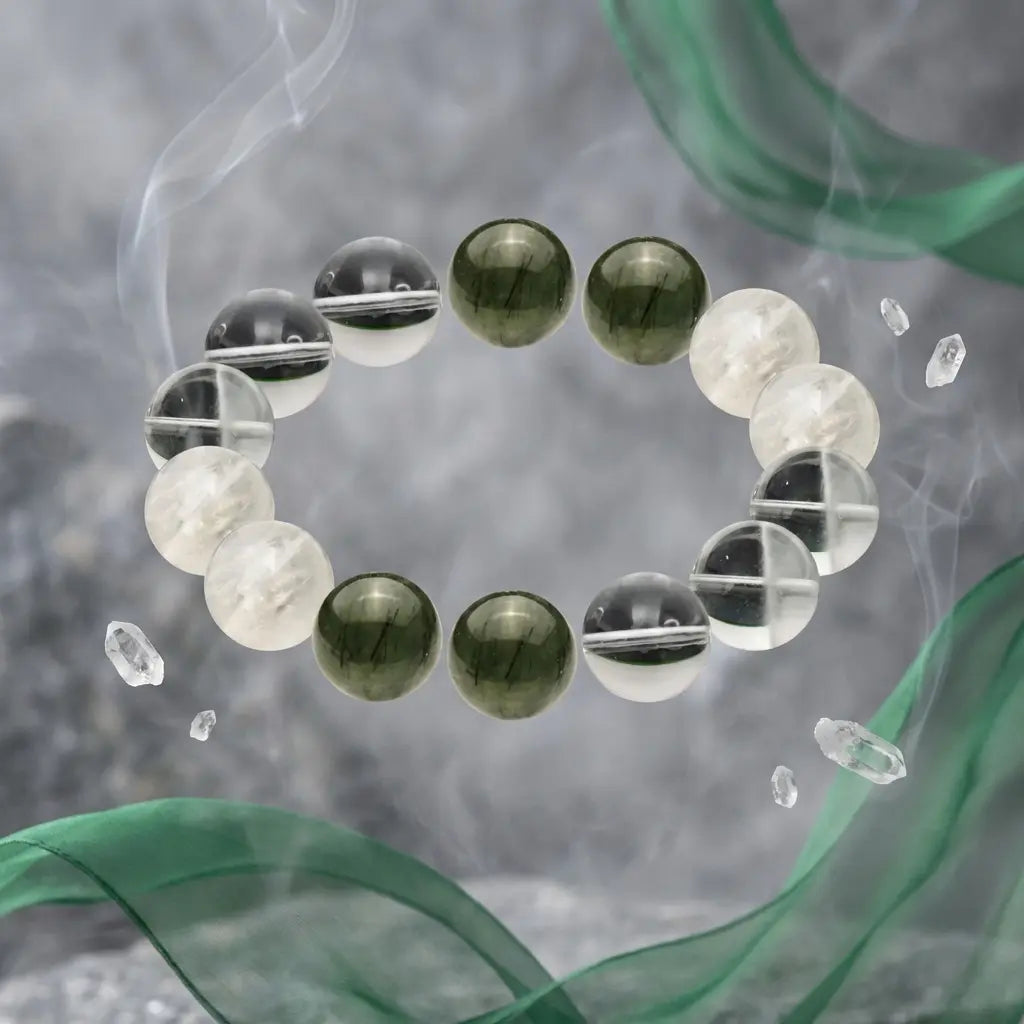 Close-up of The Visionary Growth Stack Bracelet showing the unique patterns of Green Rutilated Quartz and White Phantom.