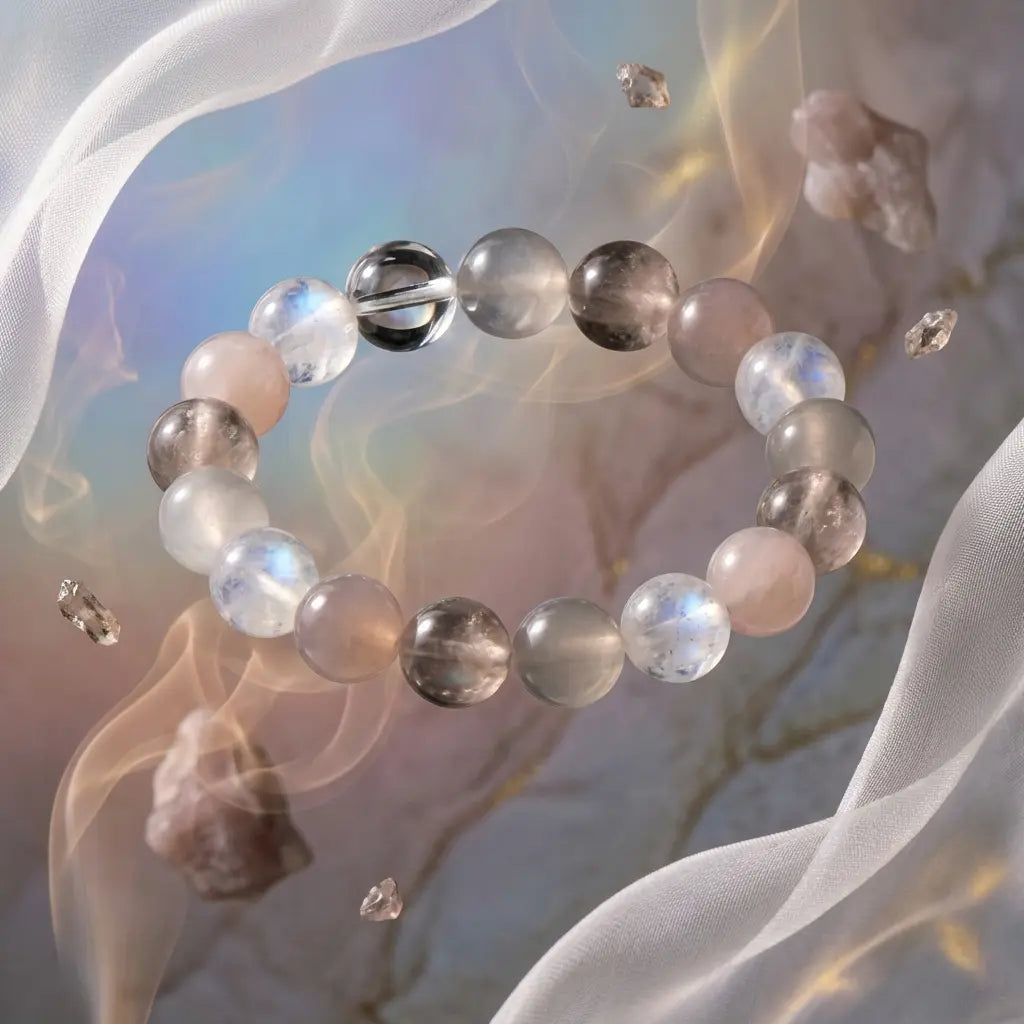 Renewing Heart Healer bracelet, featuring gentle pink and green crystals to promote emotional healing and peace.